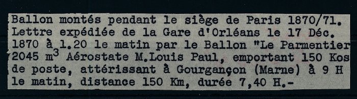 Frankrig - Par Ballon Monte - 1870 - Sjældent brev leveret med ballonpost "par balloon monte" under belejringen af Paris - durch das preussische Heer dabei ausführliche Beschreibung des Fluges und mit Briefinhalt