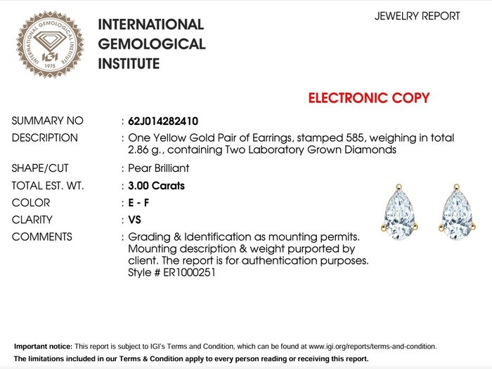 Øreringe - 14 karat Gulguld -  3.00ct. tw. Diamant (Laboratoriedyrket)