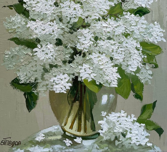 Eugène Pavlov (1958) - Lilas Blanc dans un Vase Transparent