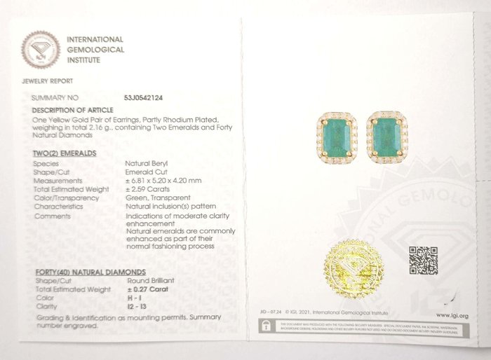 Øreringe - 14 karat Gulguld -  2.86ct. tw. Smaragd - Diamant - Øreringe i topkvalitet