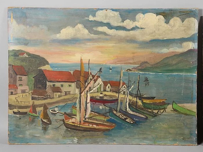 Spansk skole (XX) - Coastal harbor scene - NO RESERVE