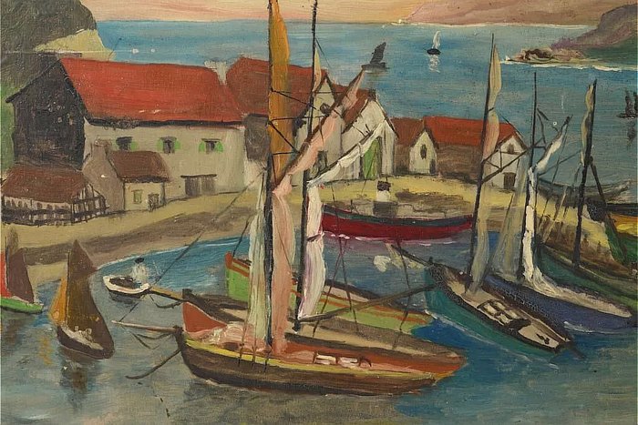 Spansk skole (XX) - Coastal harbor scene - NO RESERVE