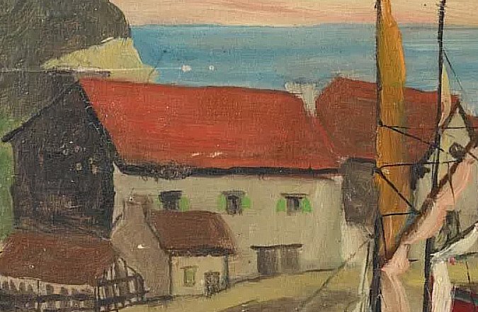 Spansk skole (XX) - Coastal harbor scene - NO RESERVE