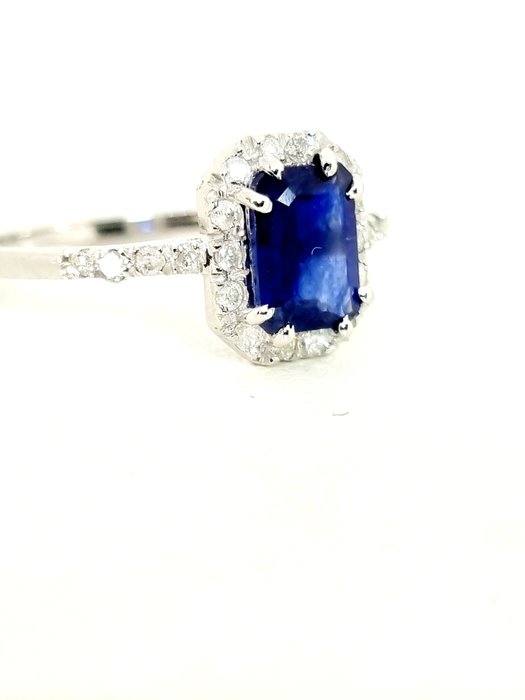 Ring - 18 kraat Hvidguld Safir - Diamant