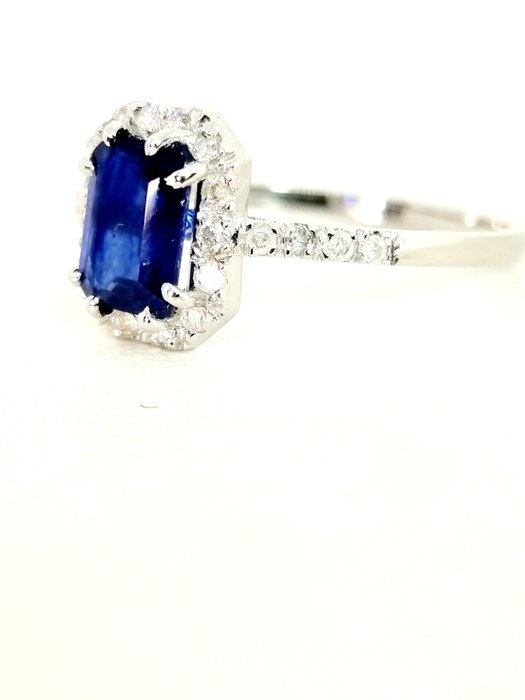 Ring - 18 kraat Hvidguld Safir - Diamant