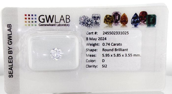 1 pcs Diamant  (Natur)  - 0.74 ct - Rund - D (farveløs) - SI2 - Gemewizard Gemological Laboratory (GWLab) - b17