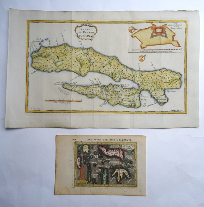 Asien - Indonesien, Sulawesi (Celebes), Molukkerne, Ambon, Ceram, Østtimor, Timor.... / Ambon; B. Langenes / P. Bertius / J. Hondius  W. Schouten / Valentijn - Moluccae Insulae / Kaart van ´t Eyland Amboina [2 maps] - 1601-1620