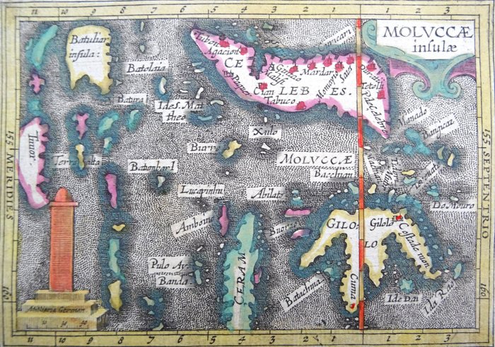 Asien - Indonesien, Sulawesi (Celebes), Molukkerne, Ambon, Ceram, Østtimor, Timor.... / Ambon; B. Langenes / P. Bertius / J. Hondius  W. Schouten / Valentijn - Moluccae Insulae / Kaart van ´t Eyland Amboina [2 maps] - 1601-1620