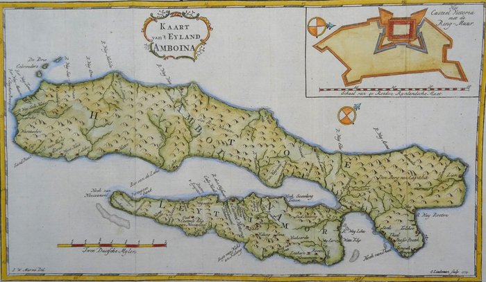 Asien - Indonesien, Sulawesi (Celebes), Molukkerne, Ambon, Ceram, Østtimor, Timor.... / Ambon; B. Langenes / P. Bertius / J. Hondius  W. Schouten / Valentijn - Moluccae Insulae / Kaart van ´t Eyland Amboina [2 maps] - 1601-1620