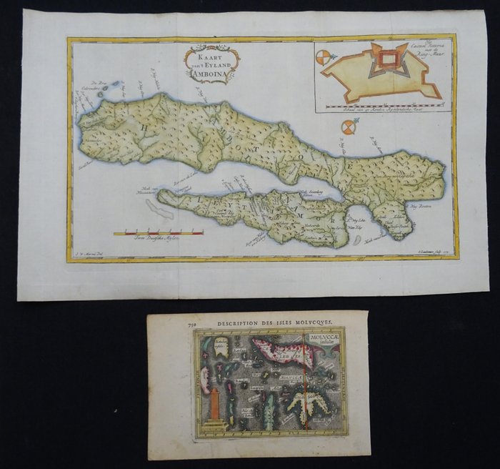 Asien - Indonesien, Sulawesi (Celebes), Molukkerne, Ambon, Ceram, Østtimor, Timor.... / Ambon; B. Langenes / P. Bertius / J. Hondius  W. Schouten / Valentijn - Moluccae Insulae / Kaart van ´t Eyland Amboina [2 maps] - 1601-1620