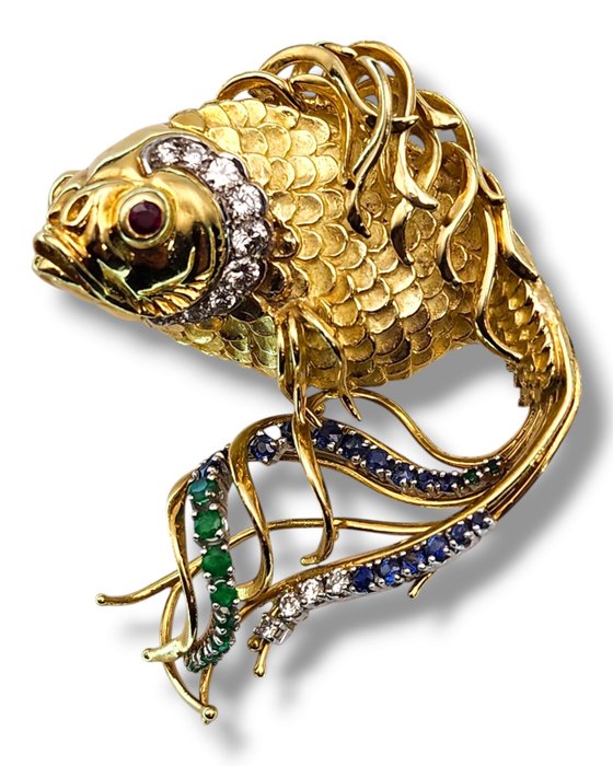 Broche - 18 kraat Gulguld, Fantastisk stor 18K guld diamant og safir fiskebroche 36 gram - Safir