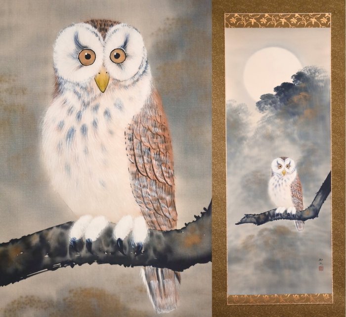 Moonlit Night - Full Moon and Owl - Hanging Scroll - with original wooden box - “Watanabe Kunio 渡辺国夫（1957-）” - Japan  (Ingen mindstepris)