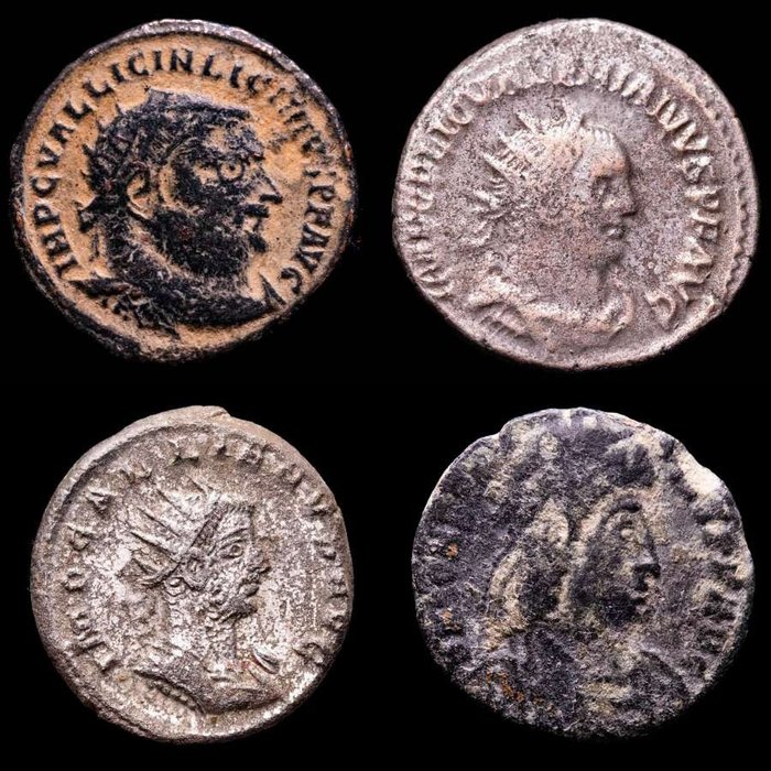 Romarriket. Licinius I, Valerian I, Gallienus  Constantius II. Lot comprising four (4) coins  (Ingen mindstepris)