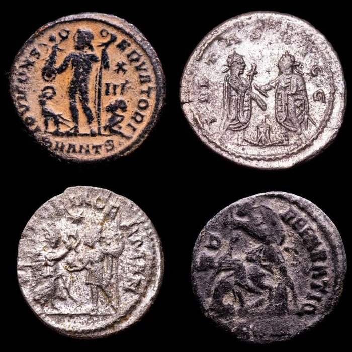 Romarriket. Licinius I, Valerian I, Gallienus  Constantius II. Lot comprising four (4) coins  (Ingen mindstepris)