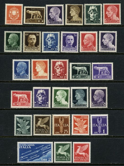 Italien 1929 - Imperial, komplet sæt med 22 intakte værdier + Airmail 8 værdier - Sassone N. 242A/261 +PA