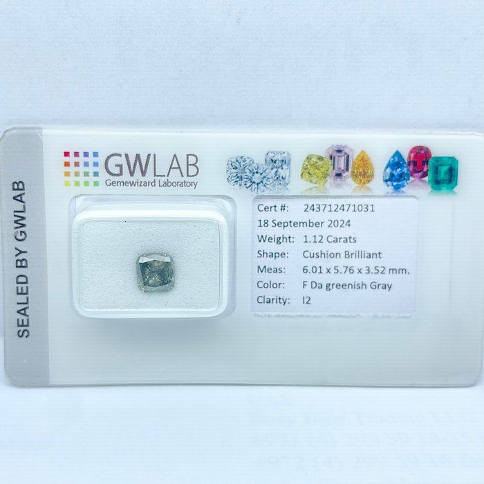 Ingen mindstepris - 1 pcs Diamant  (Naturfarvet)  - 112 ct - Pude - Fancy dark Grønlig Grå - I2 - Gemewizard Gemological Laboratory (GWLab)