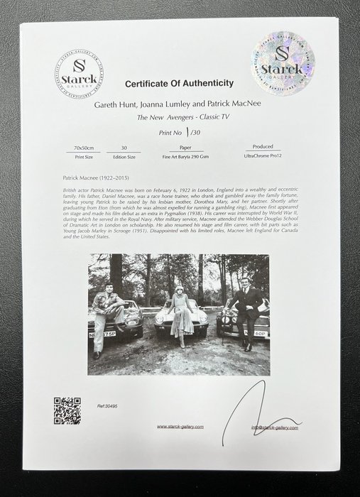 The New Avengers - Classic TV - Gareth Hunt, Joanna Lumley and Patrick MacNee - Fine Art Photography - Luxury Wooden Framed 70X50 cm - Limited Edition Nr 02 of 30 - Serial ID 16924 - Original Certificate (COA), Hologram Logo Editor and QR Code - 100% New items.