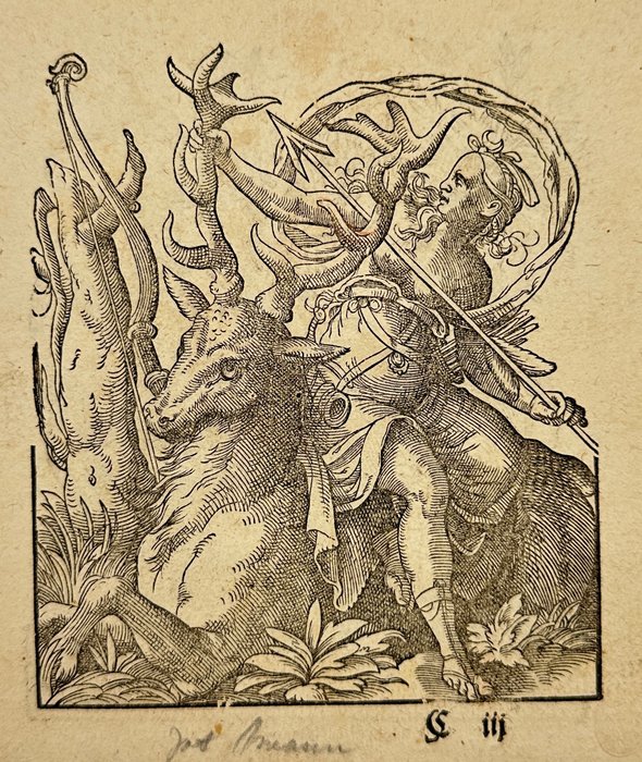 Jost Amman (1539-1591) - Allegorical Woodcut - Goddess Diana sitting on a stag holding an arrow - 1578