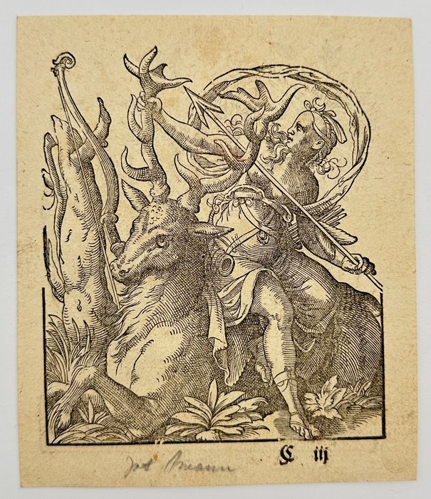 Jost Amman (1539-1591) - Allegorical Woodcut - Goddess Diana sitting on a stag holding an arrow - 1578