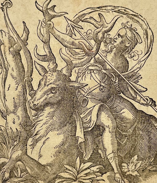 Jost Amman (1539-1591) - Allegorical Woodcut - Goddess Diana sitting on a stag holding an arrow - 1578