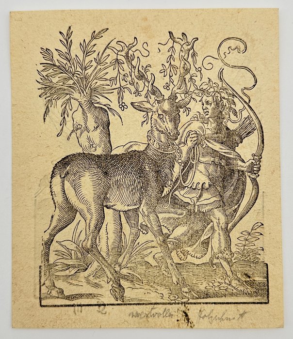 Jost Amman (1539-1591) - Allegorical Woodcut - Goddess Diana sitting on a stag holding an arrow - 1578