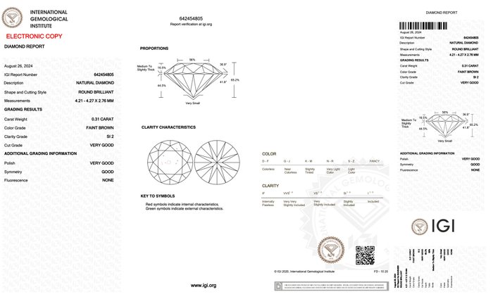 Ingen mindstepris - 1 pcs Diamant  (Naturfarvet)  - 0.31 ct - Rund - Faint Brun - SI2 - International Gemological Institute (IGI)