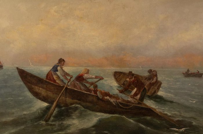 Italian school (XIX-XX), signed F. Boscari - Fishermen in sailboats