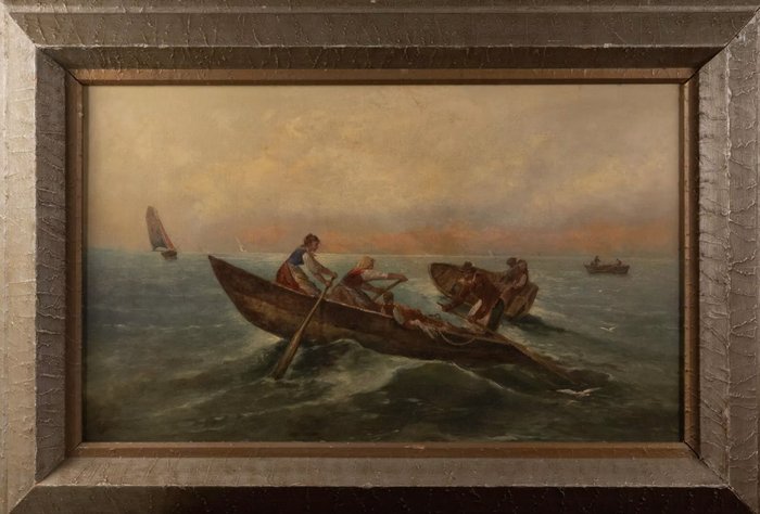 Italian school (XIX-XX), signed F. Boscari - Fishermen in sailboats