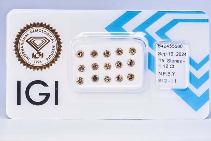 Ingen mindstepris - 15 pcs Diamant  (Naturfarvet)  - 112 ct - Rund - Fancy Brun Gul - I1 SI2 - International Gemological Institute (IGI)