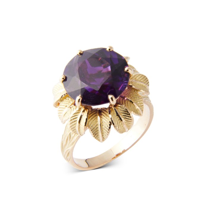 Ring - 18 kraat Gulguld -  8.00ct. tw. Ametyst - Blomster Ametyst Ring 55