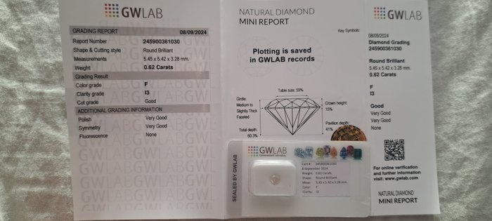 Ingen mindstepris - 1 pcs Diamant  (Natur)  - 0.62 ct - Rund - F - I3 - Gemewizard Gemological Laboratory (GWLab)