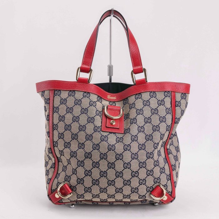 Gucci - GUCCI Handbag Tote Bag Abbey Line Beige Red Gold Hardware GG Canvas Leather - Håndtaske