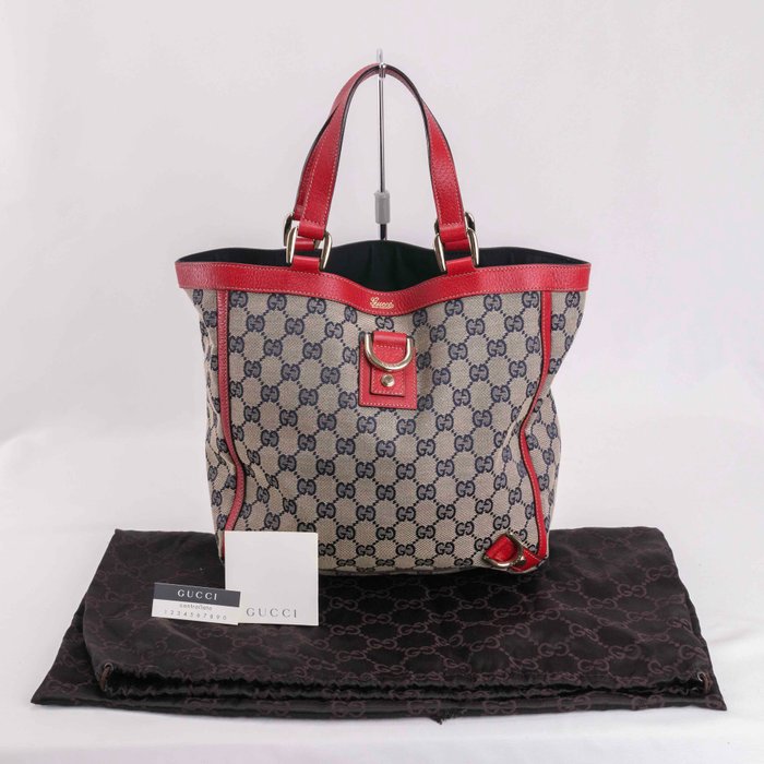 Gucci - GUCCI Handbag Tote Bag Abbey Line Beige Red Gold Hardware GG Canvas Leather - Håndtaske