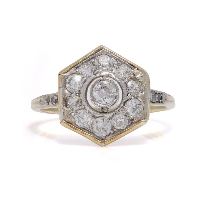 Ring Art Deco 14 karat guld og platin sekskantet diamant klynge ring