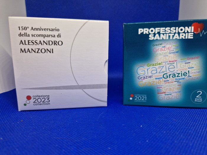 Italien. 2 Euro 2021/2023 "Grazie" + "Alessandro Manzoni" (2 monnaies) Proof  (Ingen mindstepris)