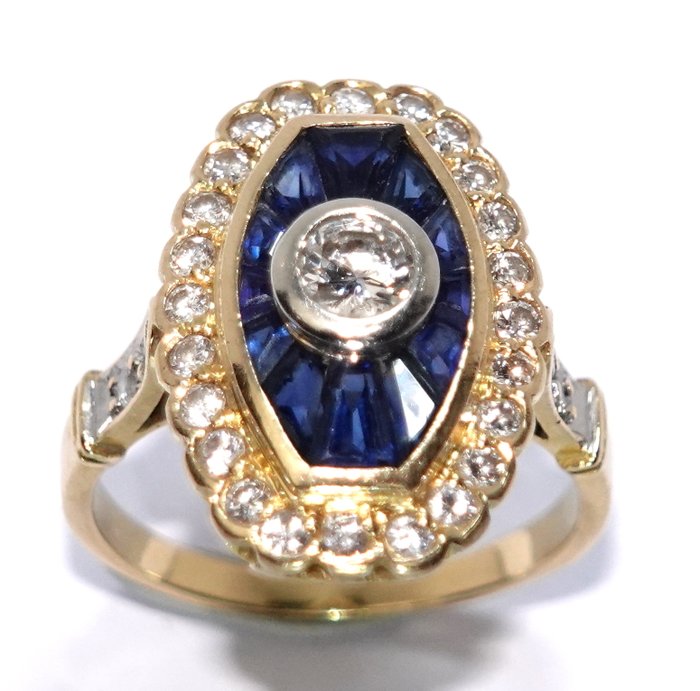 Ring - 18 kraat Gulguld, Hvidguld -  1.86ct. tw. Diamant (Natur)  - Safir - Gratis størrelsesændring EU50-58