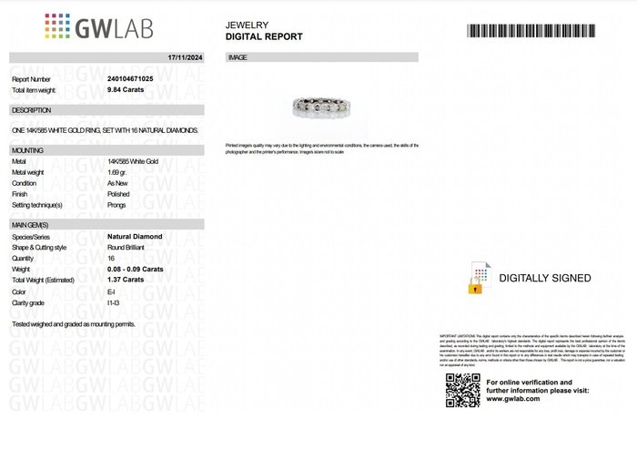 Ingen mindstepris - Alliancering - 14 karat Hvidguld -  1.37ct. tw. Diamant (Natur) - E-I FARVE