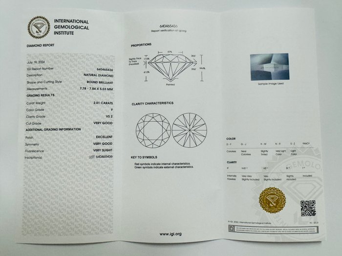 1 pcs Diamant  (Natur)  - 2.01 ct - Rund - F - VS2 - International Gemological Institute (IGI) - *VG EX*