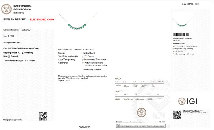 Ingen mindstepris - Halskæde - 14 karat Hvidguld -  2.71ct. tw. Smaragd - IGI