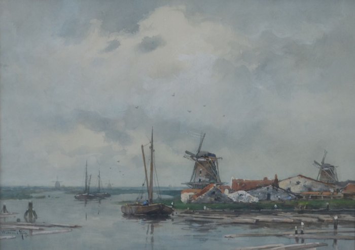 Willem Cornelis Rip (1856-1922) - Een rivierlandschap met molens en een houtzagerij in de Zaanstreek