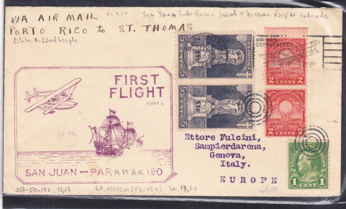 USA Puerto Rico 1922 - Cover af den første Puerto Rico-flyvning til St. Thomas i 1922 med officielle aflysninger af den - Scott diversi numeri