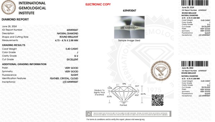 1 pcs Diamant  (Natur)  - 0.40 ct - Rund - J - SI2 - International Gemological Institute (IGI) - Premium Diamant EX VG VG