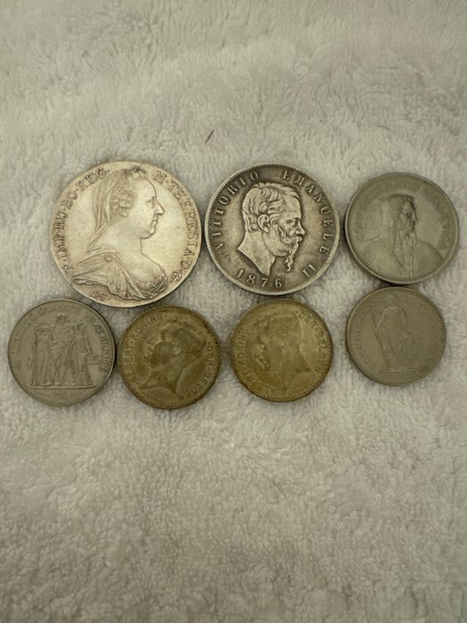 Europa, Østrig, Frankrig. Lot of 7 silver coins incl. Maria Taler restrik  (Ingen mindstepris)