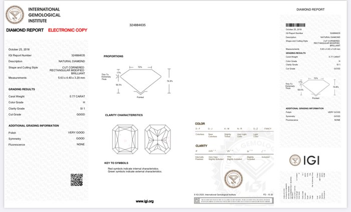 1 pcs Diamant  (Natur)  - 077 ct - Radiant - H - SI1 - International Gemological Institute (IGI)