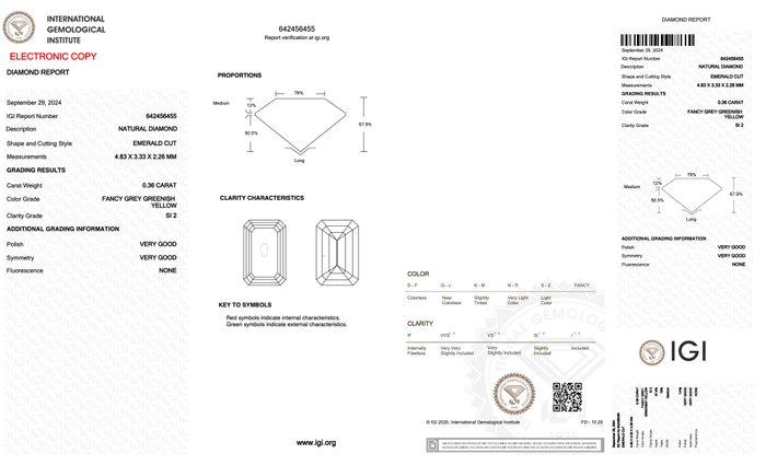 Ingen mindstepris - 1 pcs Diamant  (Naturfarvet)  - 0.36 ct - Smaragd - Fancy Grå, Grønlig Gul - SI2 - International Gemological Institute (IGI)