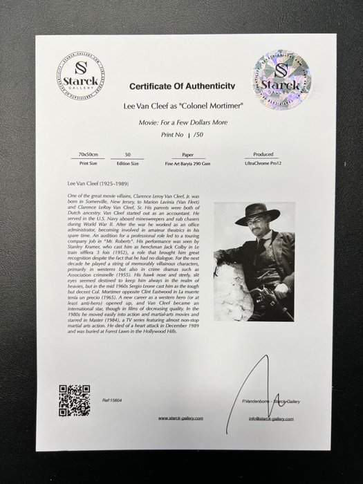 For a Few Dollars More - Lee Van Cleef as "Colonel Mortimer" - Fine Art Photography - Luxury Wooden Framed 70X50 cm - Limited Edition Nr 05 of 50 - Serial ID 15604 - Original Certificate (COA), Hologram Logo Editor and QR Code - 100% New items.