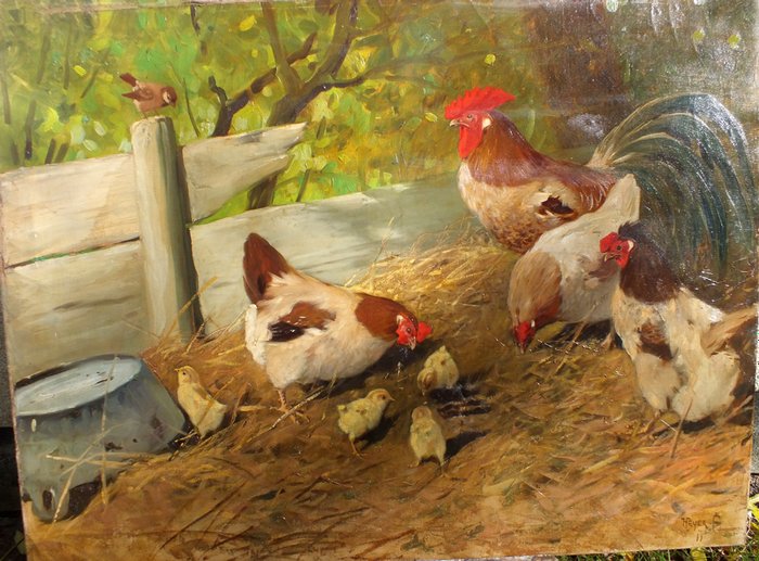 Arthur Heyer (1872-1931) - A farmyard  scene with poultry