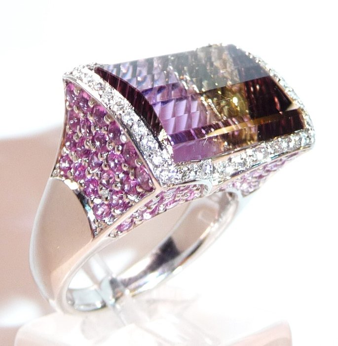 Ring - 18 kraat Hvidguld -  13.00ct. tw. Diamant (Natur)  - Ametrin - + Pink Sapphire Størrelse 55