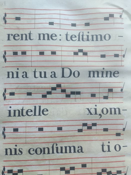 Inconnu - Grand chant Grégorien sur parchemin. Double page (4 faces) extraite d'un antiphonaire - 1500