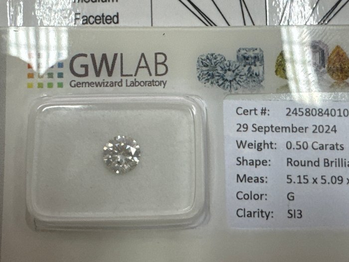 Ingen mindstepris - 1 pcs Diamant  (Natur)  - 0.50 ct - Rund - G - SI3 - Gemewizard Gemological Laboratory (GWLab)